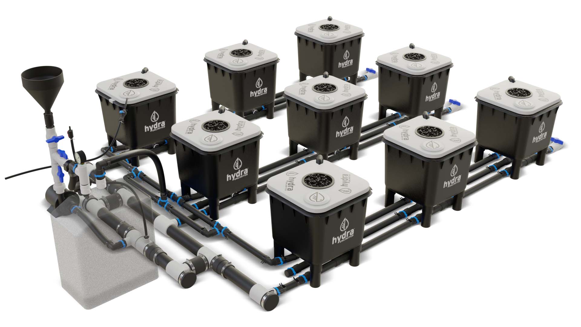 HydraMax 9 bucket, 3 row deep water culture system