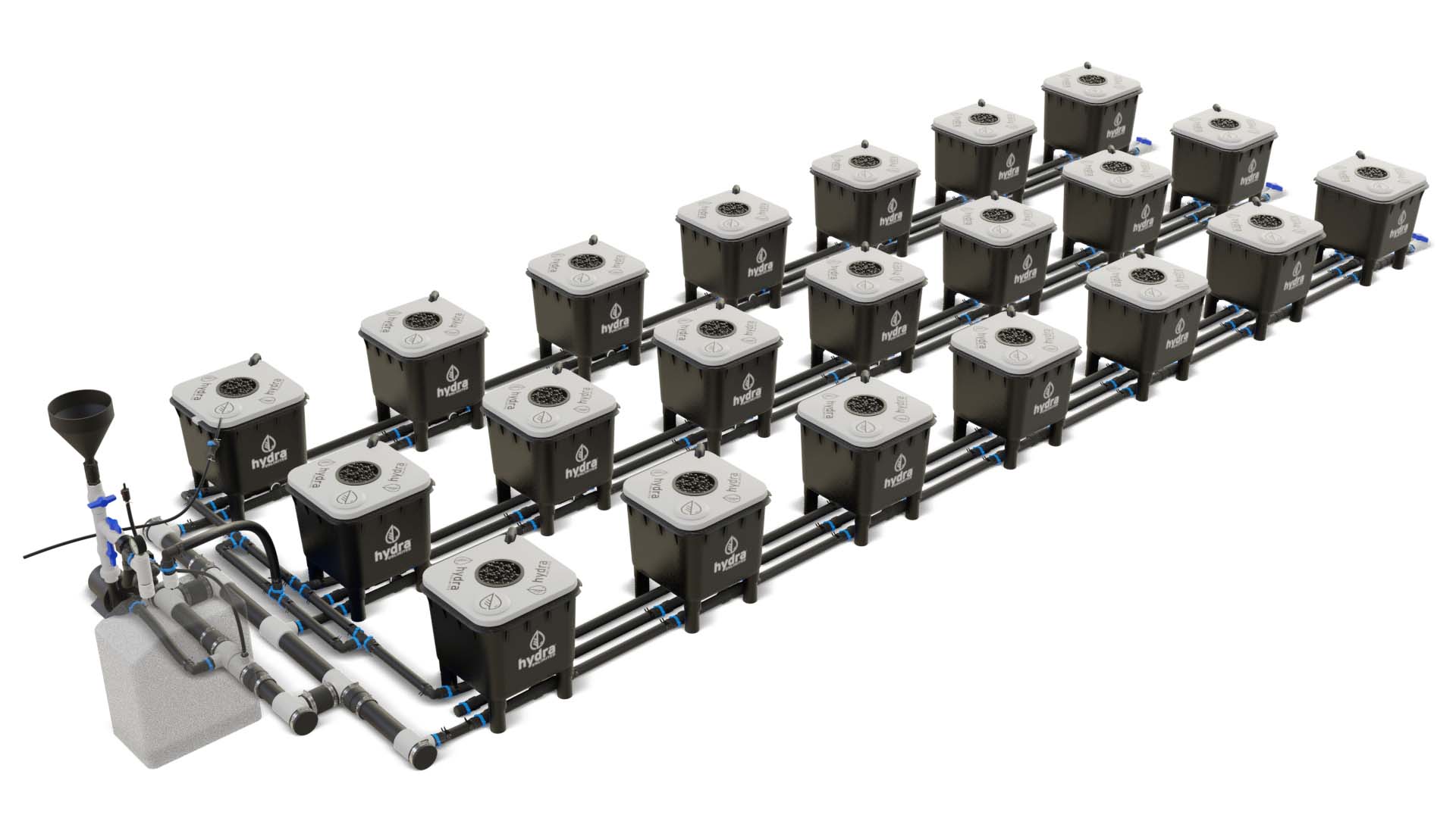 HydraMax 21 bucket, 3 row deep water culture system